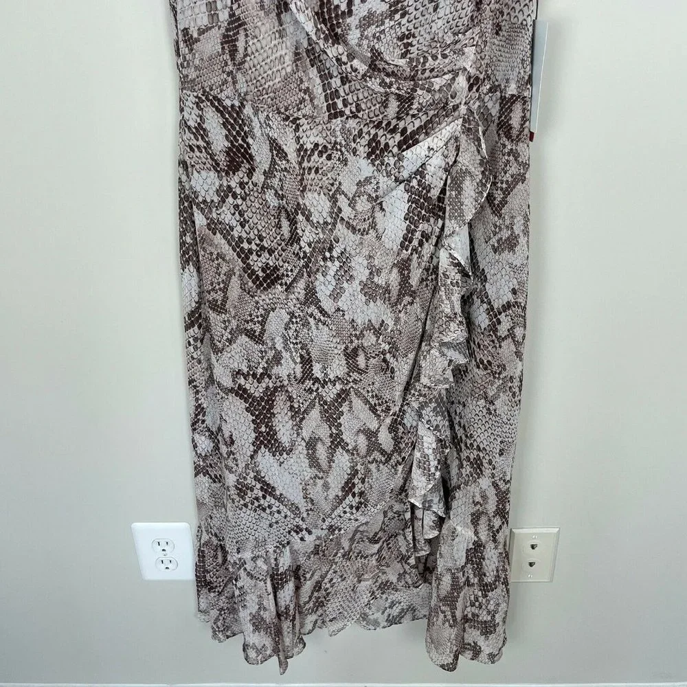 Vince Camuto Womens Printed Chiffon Midi Dress 8 Ruffle Flutter Sleeve Snakeskin